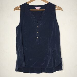Lilly Pulitzer Womens Houston Sleeveless Button V Neck Blouse Top Silk Blue Sz M